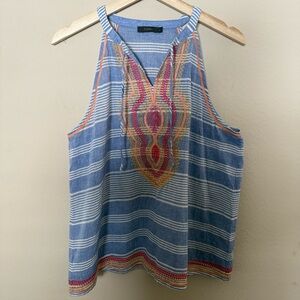TMHL Anthropologie Blue & White Sleeveless Tank With Orange & Red Embroidery L